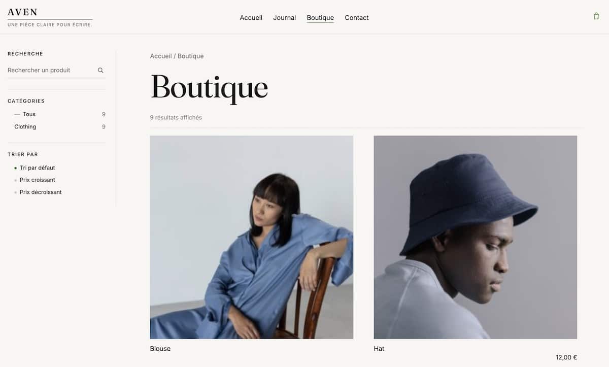 Boutique WooCommerce avec le thème WordPress gratuit Aven