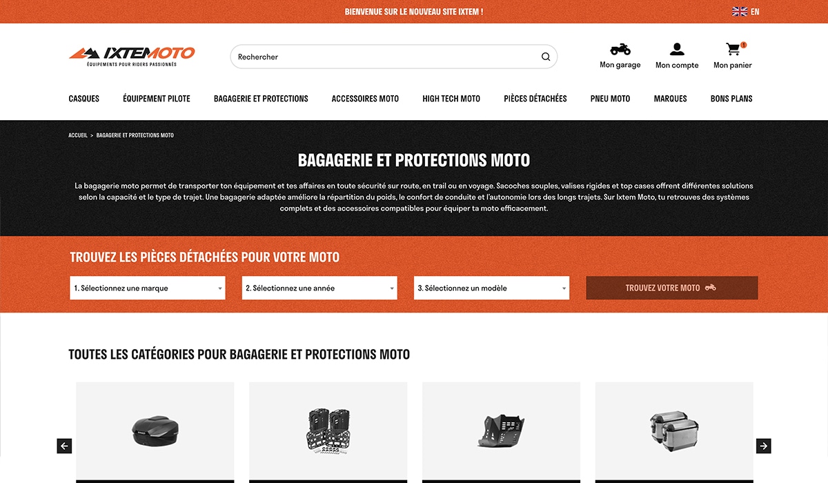 Page catégorie du site PrestaShop d'Ixtem Moto