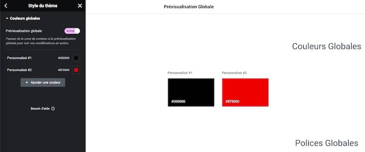 Les couleurs et typo globales de creative element